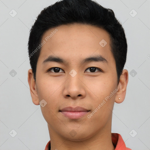 Neutral asian young-adult male with short  black hair and brown eyes