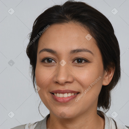 Joyful white young-adult female with medium  brown hair and brown eyes