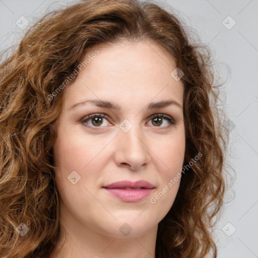 Joyful white young-adult female with long  brown hair and green eyes