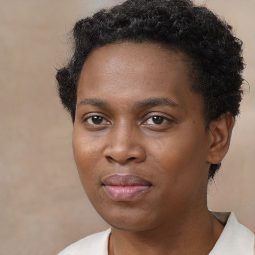 Joyful black young-adult male with short  brown hair and brown eyes