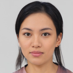 Neutral asian young-adult female with medium  black hair and brown eyes