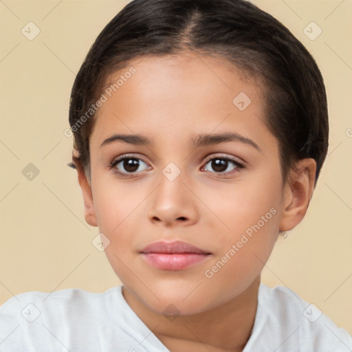 Joyful white child female with short  brown hair and brown eyes