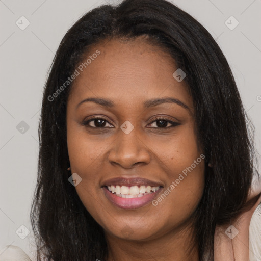 Joyful asian young-adult female with long  brown hair and brown eyes