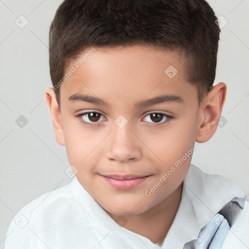 Joyful white child male with short  brown hair and brown eyes