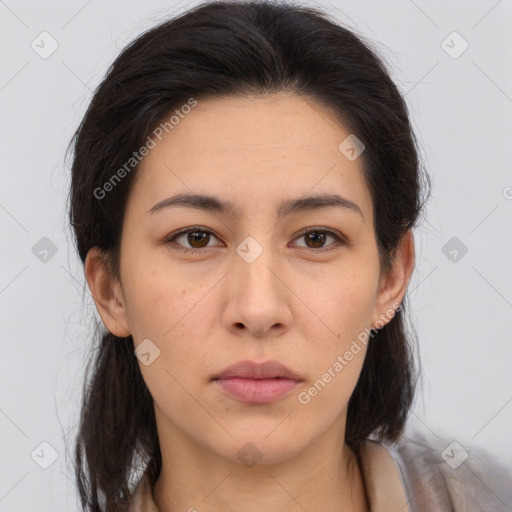 Neutral asian young-adult female with medium  brown hair and brown eyes