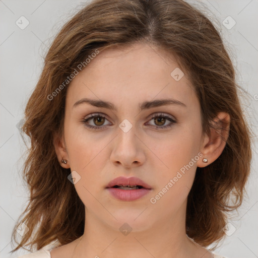 Neutral white young-adult female with medium  brown hair and brown eyes