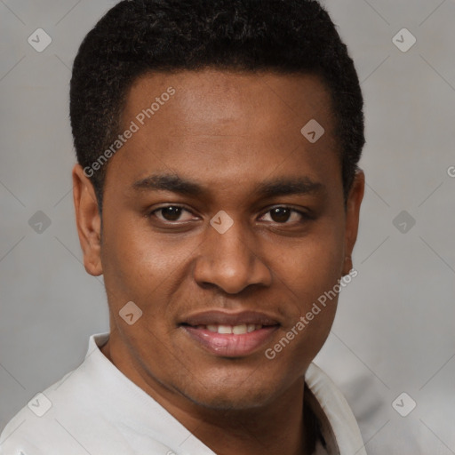 Joyful latino young-adult male with short  brown hair and brown eyes