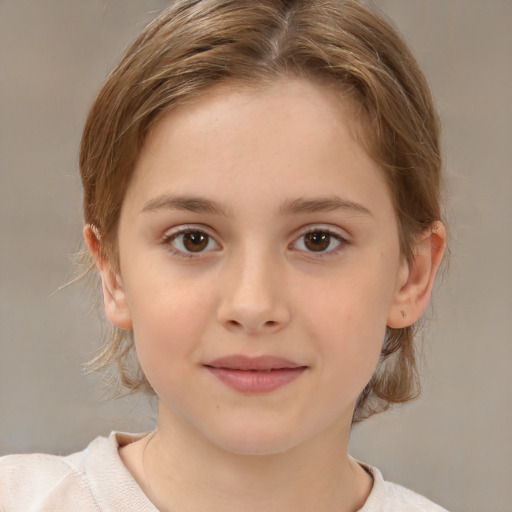 Joyful white child female with medium  brown hair and brown eyes