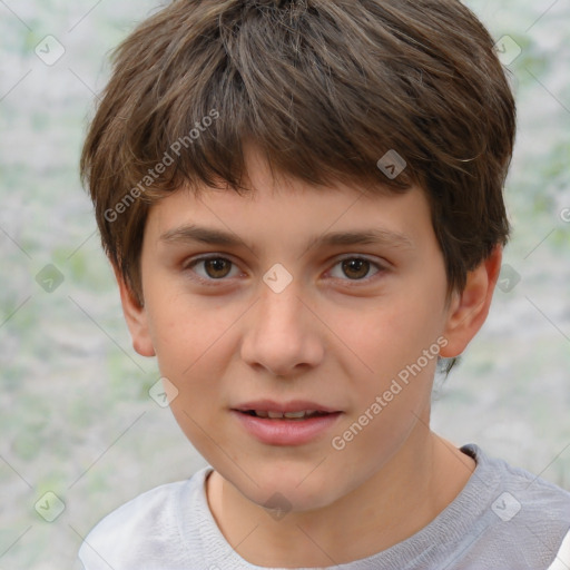 Joyful white child female with short  brown hair and brown eyes