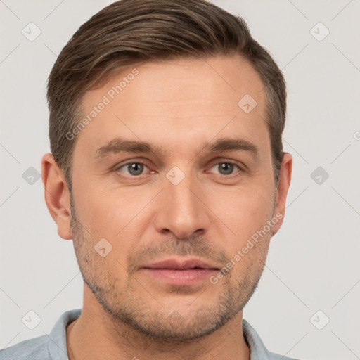 Neutral white adult male with short  brown hair and brown eyes