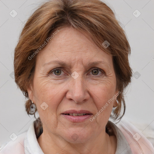 Joyful white middle-aged female with medium  brown hair and grey eyes