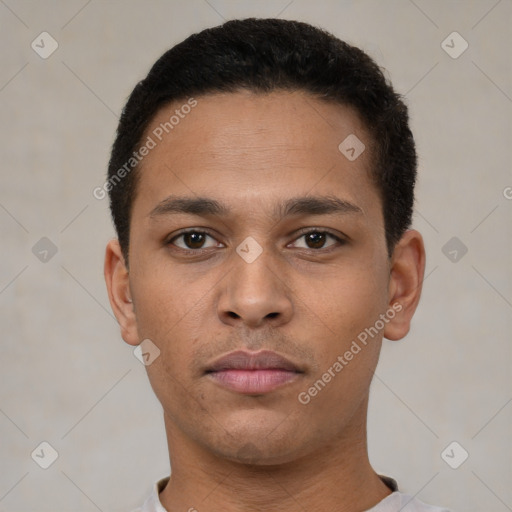 Neutral latino young-adult male with short  brown hair and brown eyes