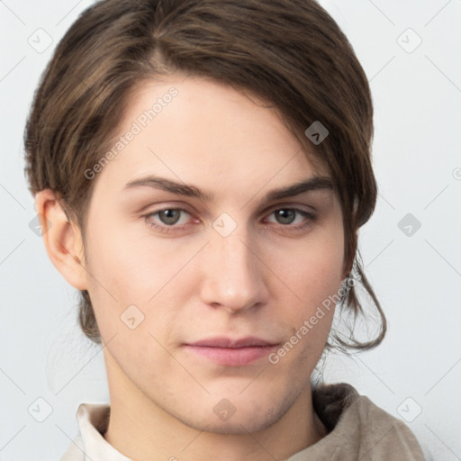 Neutral white young-adult female with short  brown hair and brown eyes