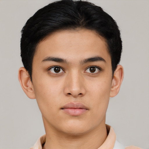 Neutral asian young-adult male with short  brown hair and brown eyes