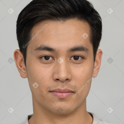 Neutral asian young-adult male with short  brown hair and brown eyes