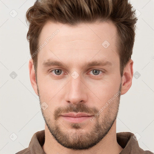 Neutral white young-adult male with short  brown hair and grey eyes