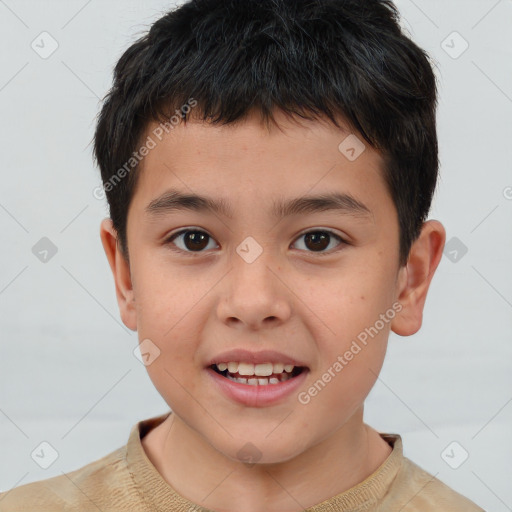 Joyful white child male with short  brown hair and brown eyes
