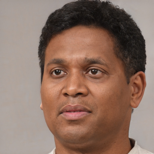 Neutral black adult male with short  brown hair and brown eyes