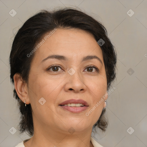 Joyful white adult female with medium  brown hair and brown eyes