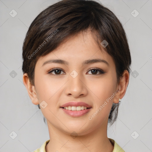 Joyful white young-adult female with short  brown hair and brown eyes