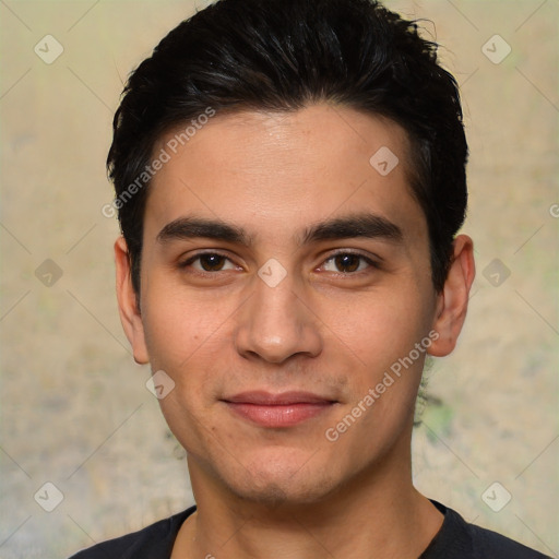 Joyful white young-adult male with short  black hair and brown eyes