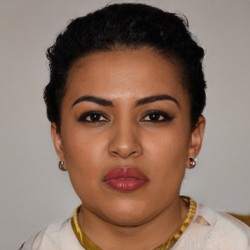 Neutral latino young-adult female with short  black hair and brown eyes