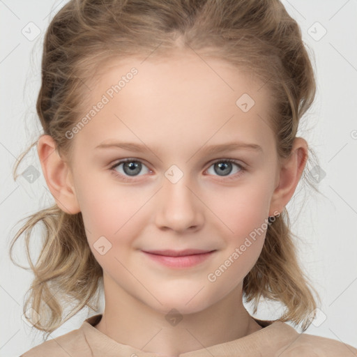 Joyful white child female with medium  brown hair and grey eyes