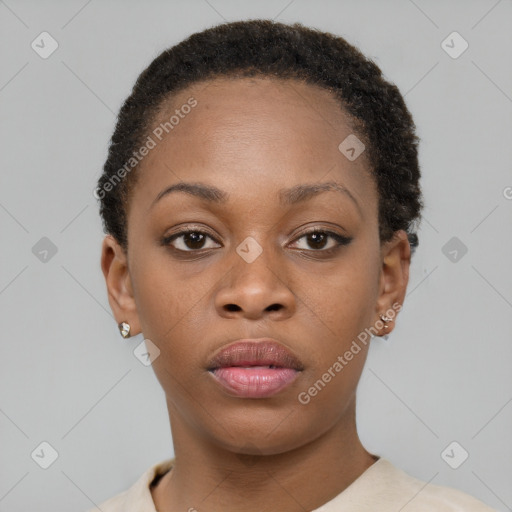 Neutral black young-adult female with short  brown hair and brown eyes