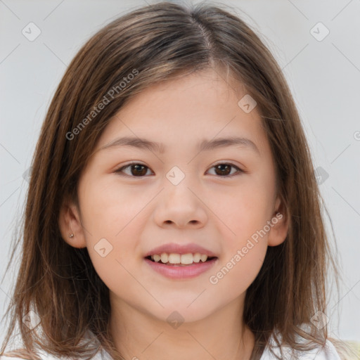 Joyful white child female with medium  brown hair and brown eyes