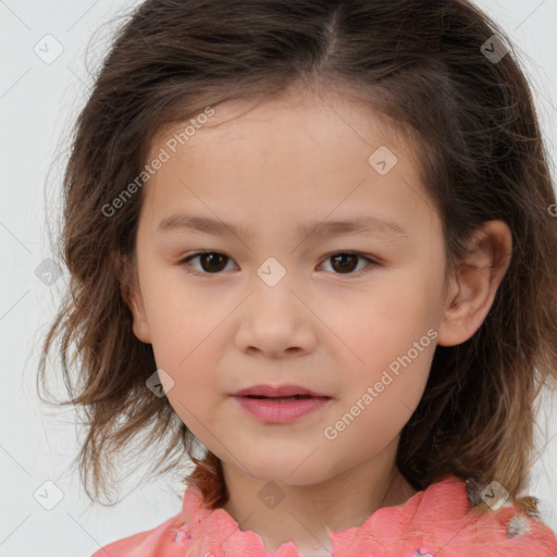 Joyful white child female with medium  brown hair and brown eyes