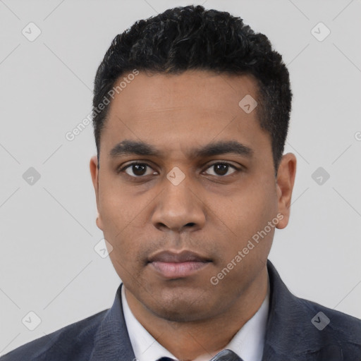 Neutral latino young-adult male with short  black hair and brown eyes