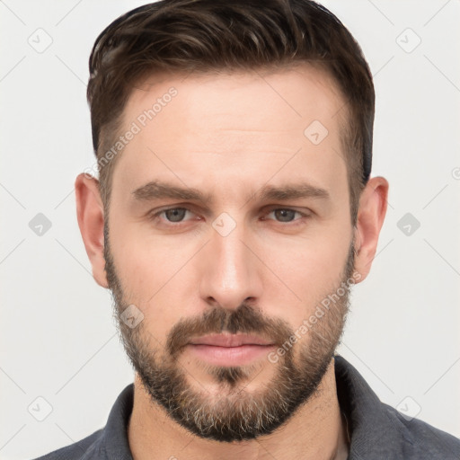 Neutral white young-adult male with short  brown hair and grey eyes