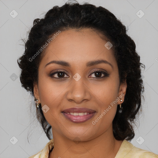 Joyful black young-adult female with medium  brown hair and brown eyes