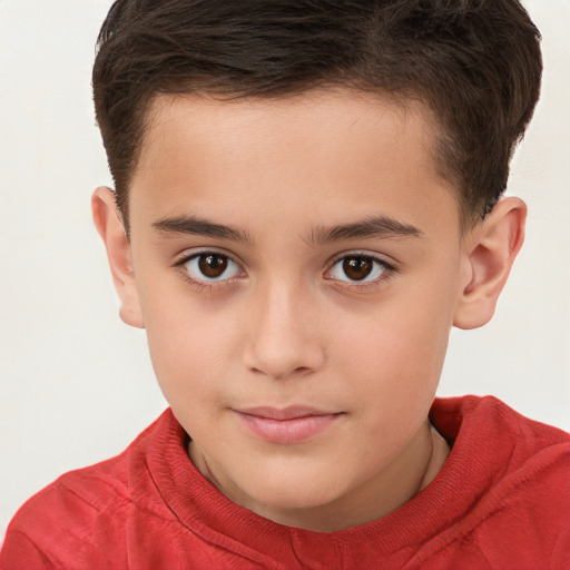 Joyful white child male with short  brown hair and brown eyes