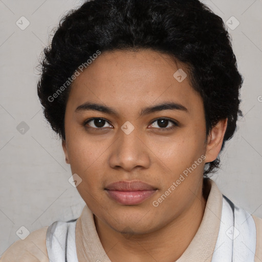 Joyful latino young-adult female with short  black hair and brown eyes