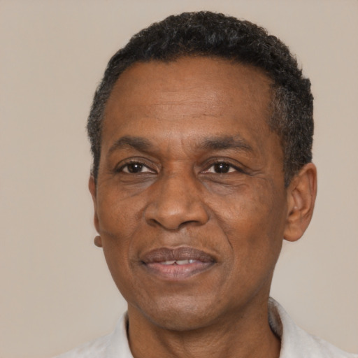 Joyful black adult male with short  black hair and brown eyes