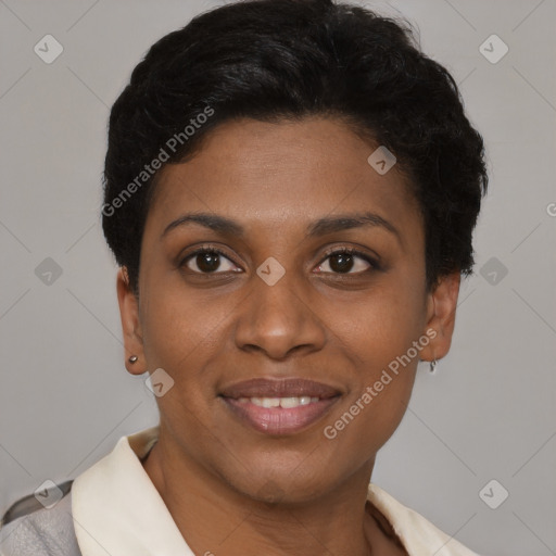 Joyful latino young-adult female with short  brown hair and brown eyes
