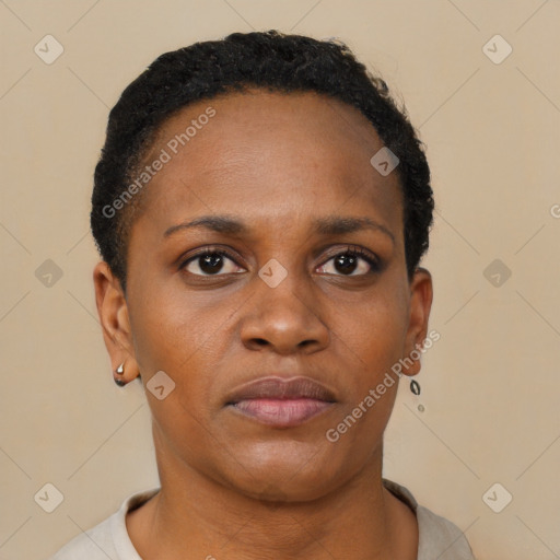 Neutral black young-adult female with short  brown hair and brown eyes