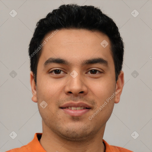 Neutral latino young-adult male with short  black hair and brown eyes