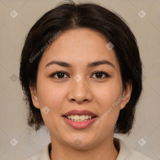 Joyful latino young-adult female with medium  brown hair and brown eyes