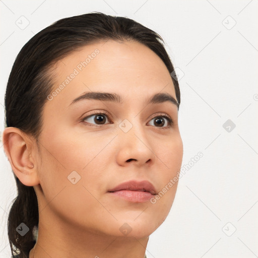 Neutral white young-adult female with medium  brown hair and brown eyes