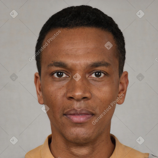 Neutral black young-adult male with short  black hair and brown eyes