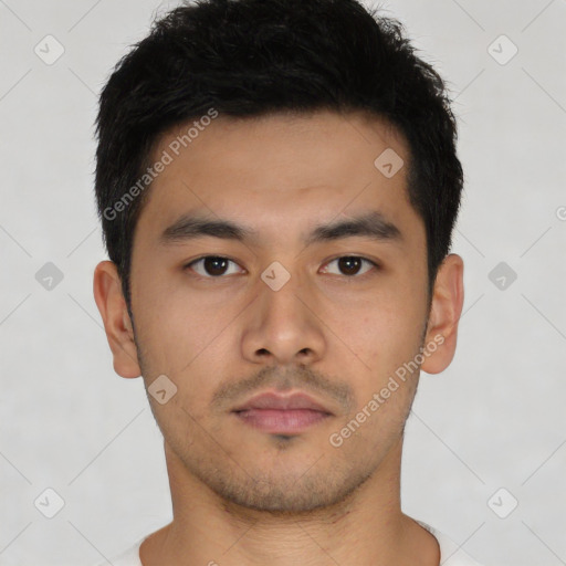 Neutral asian young-adult male with short  black hair and brown eyes