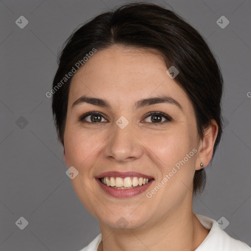 Joyful white young-adult female with medium  brown hair and brown eyes