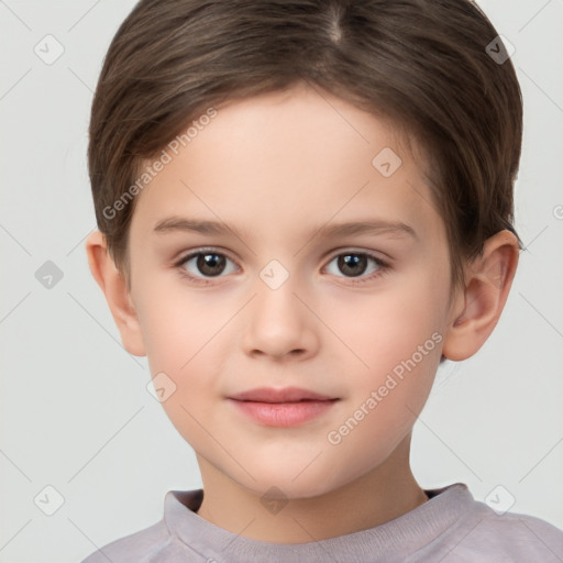 Joyful white child female with short  brown hair and brown eyes