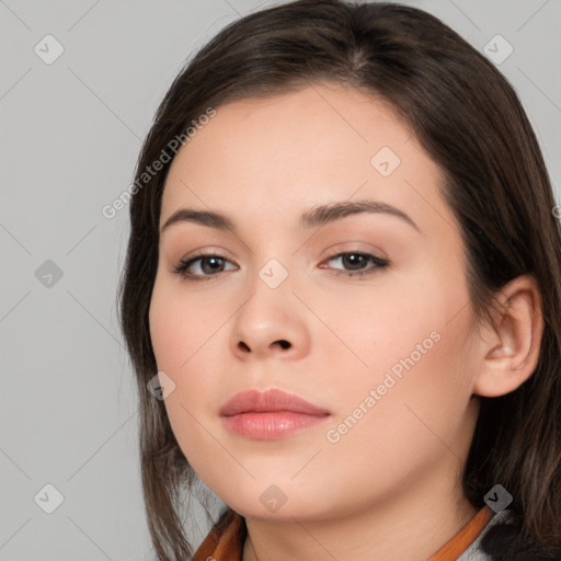 Neutral white young-adult female with medium  brown hair and brown eyes