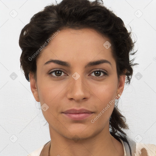 Neutral white young-adult female with short  brown hair and brown eyes