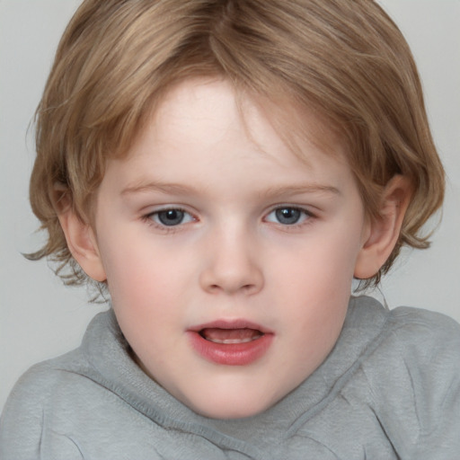 Joyful white child female with medium  brown hair and grey eyes