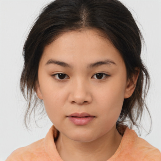 Neutral asian young-adult female with medium  brown hair and brown eyes