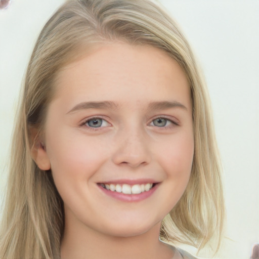 Joyful white young-adult female with long  brown hair and blue eyes